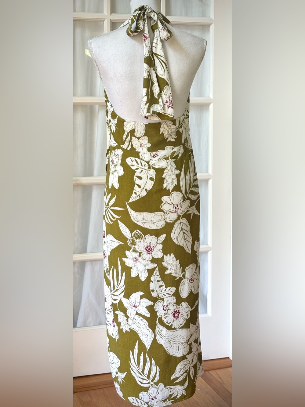 Zara Olive Floral Linen Blend Halter Twist Front Midi Dress L - Picture 5 of 12